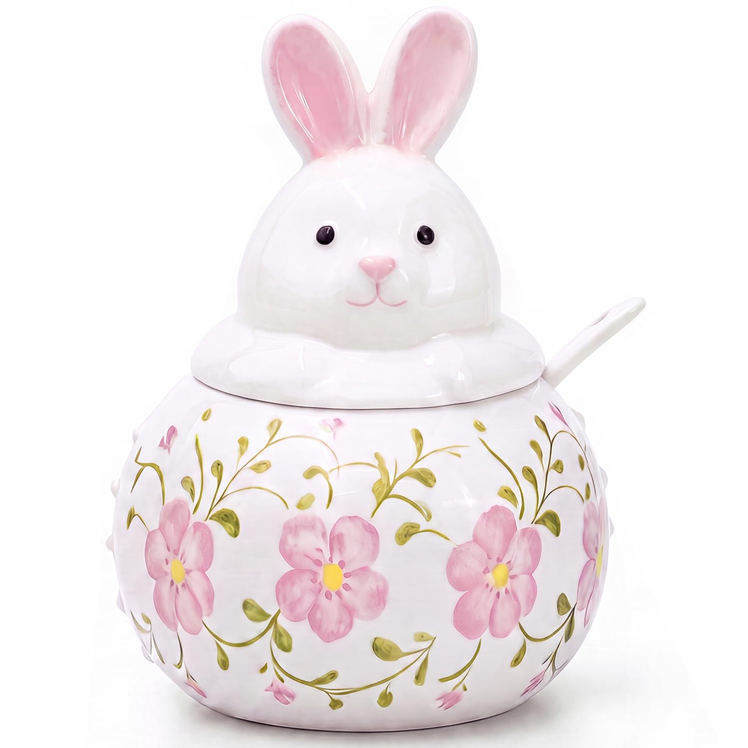 Katathani ceramic rabbit sugar bowl with lid and spoon on kitchen counter