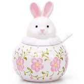 Katathani ceramic rabbit sugar bowl with lid and spoon on kitchen counter