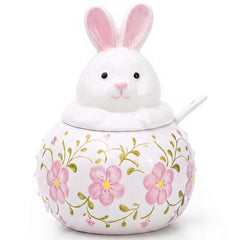 Katathani ceramic rabbit sugar bowl with lid and spoon on kitchen counter