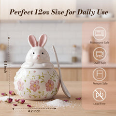 Hand-painted rabbit sugar bowl by Katathani with spoon and lid