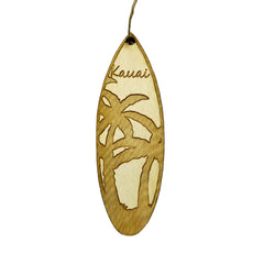 Kauai Palm Tree Surfboard ornament in raw maple