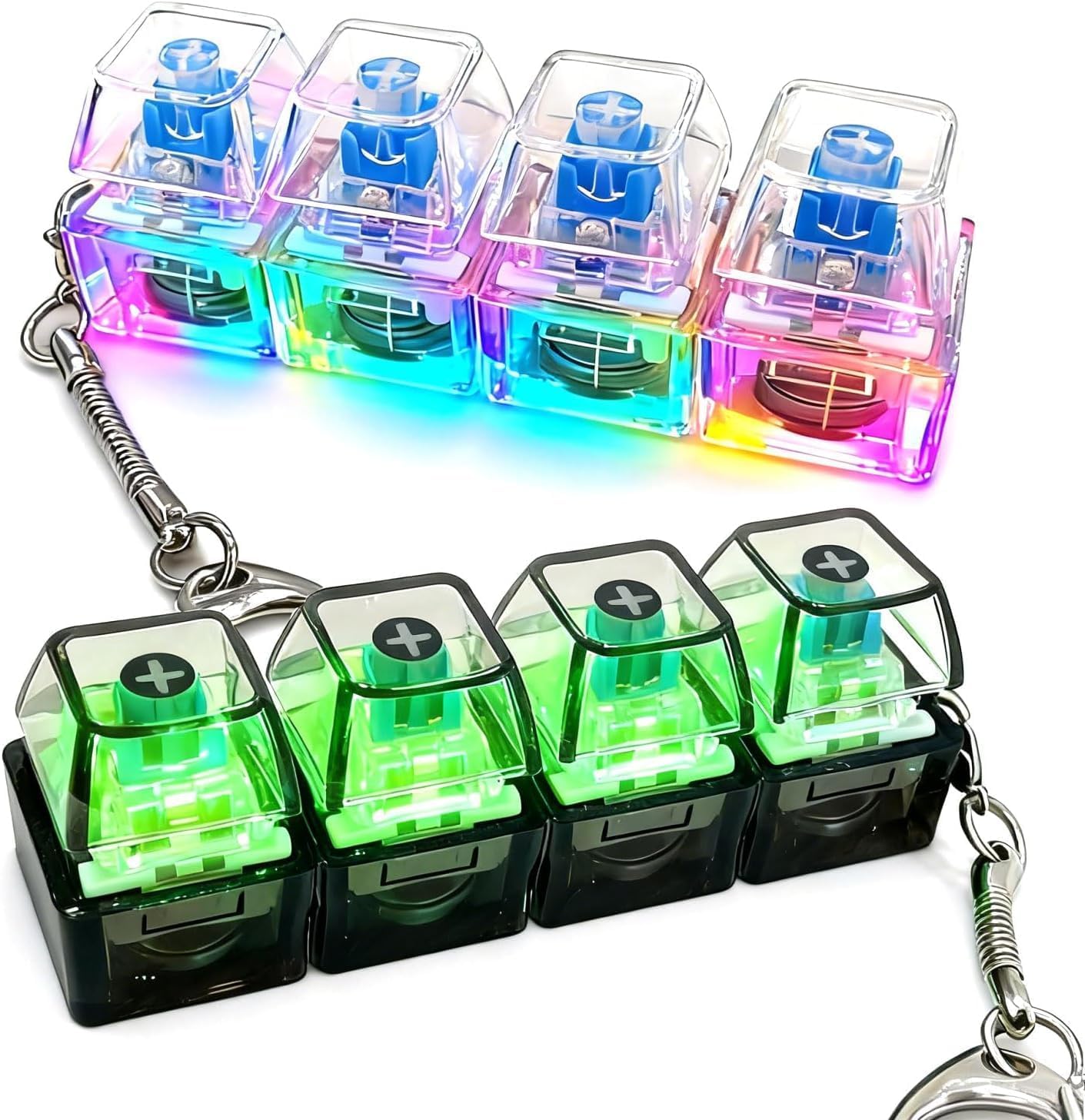 Two portable keyboard fidget keychains Style-2 with four buttons and LED lights