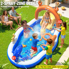 Kiddie pool with water slide sprinkler in outdoor setting