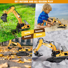 RC excavator operating on sand outdoor play