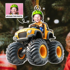 kids custom face ornament with red monster truck