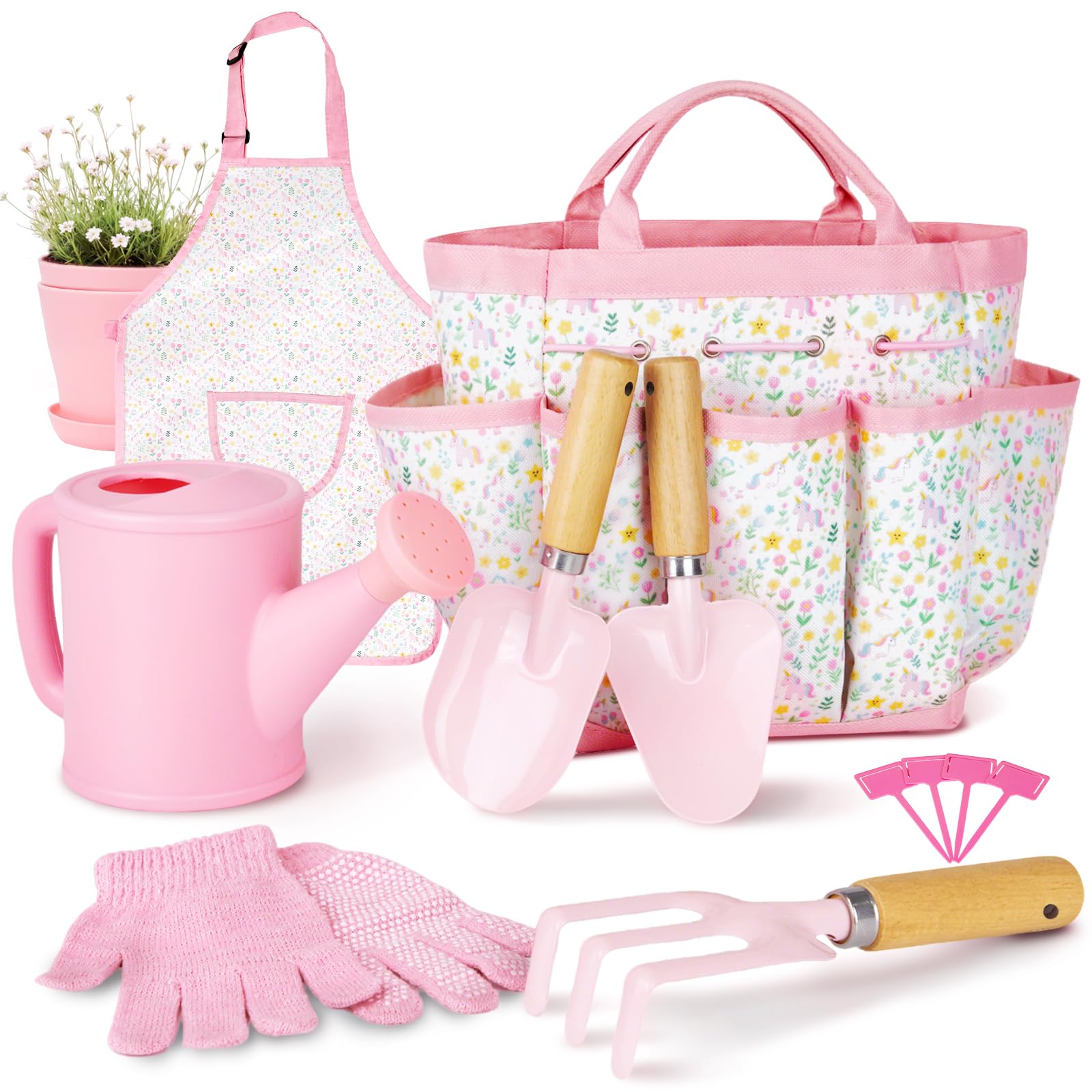 Kids Gardening Set with wooden rake and two shovels