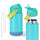 Kids water bottle 12 oz stainless steel with straw lid and blue handle