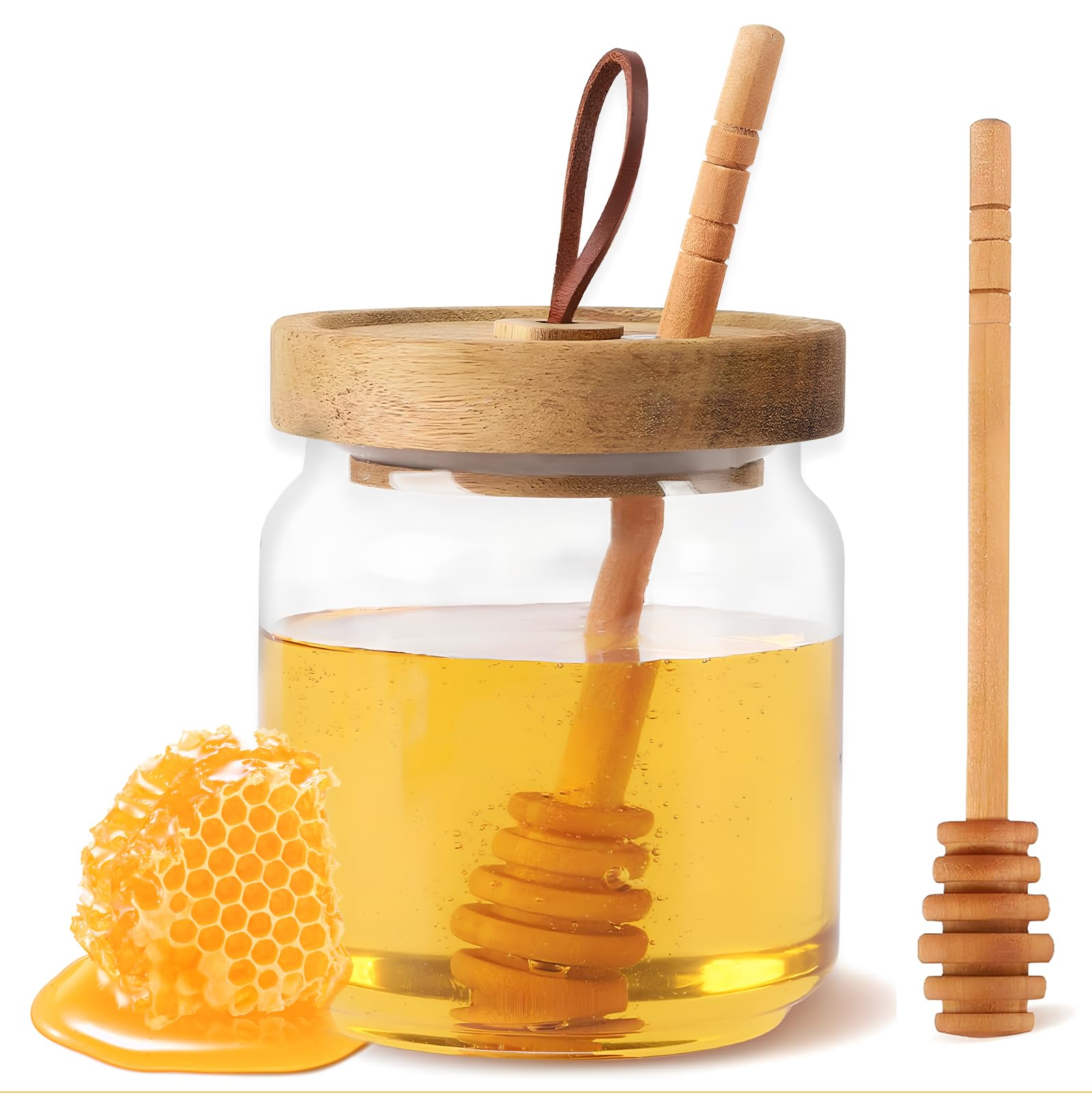 KinomiYa No Drip 18oz glass honey jar with wooden dipper and airtight lid