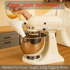 No-mess design with guided chute for flour and liquids in a KitchenAid mixer
