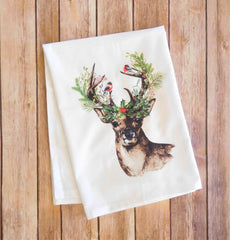 Kitchen dish towel flour sack style with Christmas Deer design centered bottom 9x7 inches and hanging loop