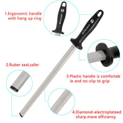 Kitchen knife honing steel with diamond plating