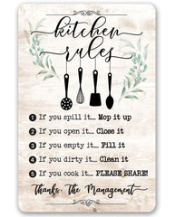 Kitchen Rules Hanging Utensils metal sign 8x12 indoor outdoor