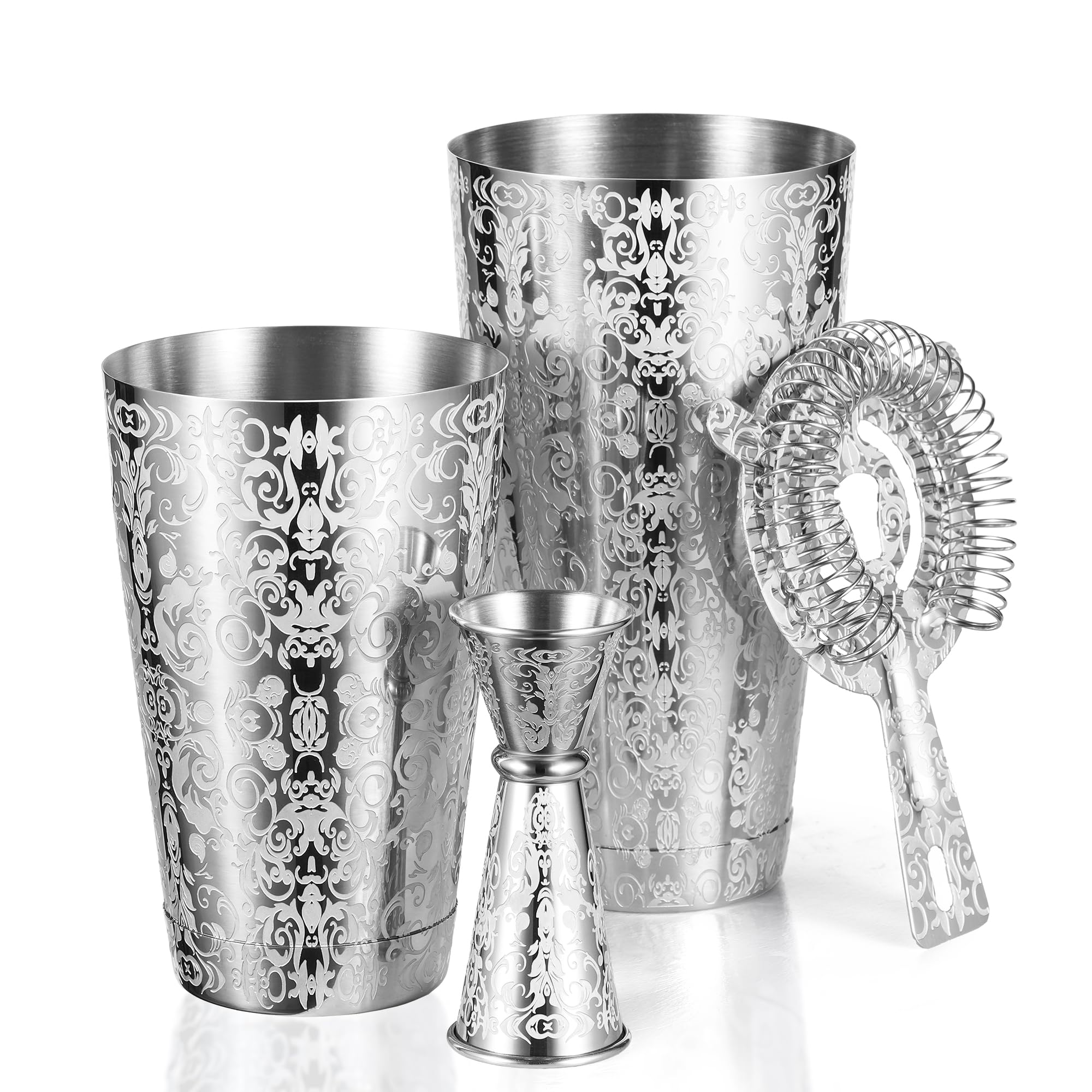 Kitessensensu etched Boston cocktail shaker set with Baroque scroll pattern