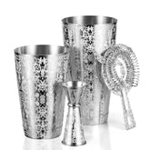 Kitessensensu etched Boston cocktail shaker set with Baroque scroll pattern