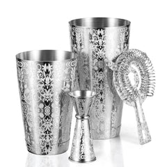 Kitessensensu etched Boston cocktail shaker set with Baroque scroll pattern