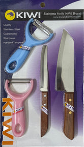 Kiwi stainless steel knife set with two knives and two peelers and wooden handles
