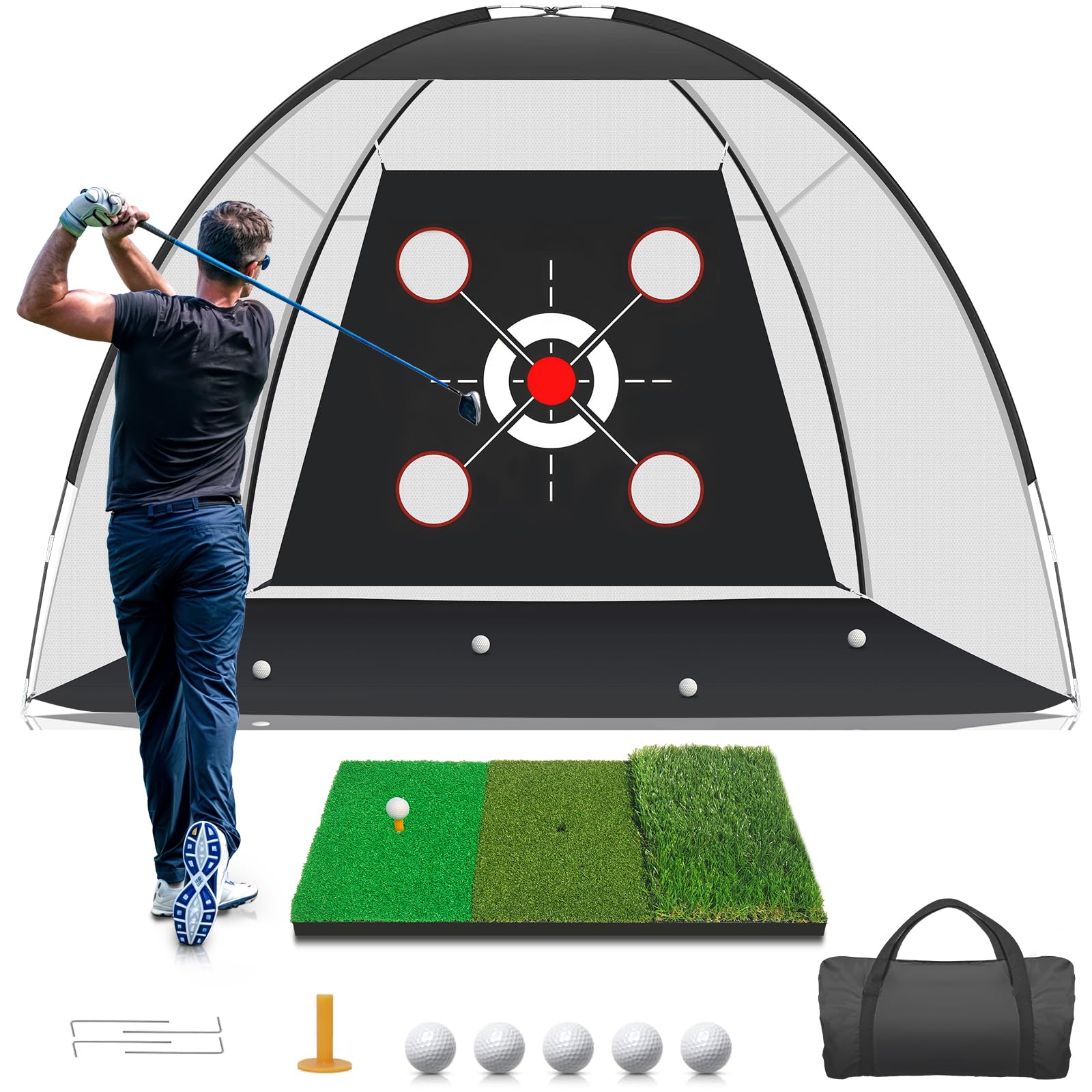 KLAODOT Golf Net 10x7ft with Practice Mat in backyard setting