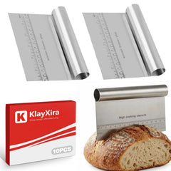 KlayXira 2 Pack stainless steel dough scraper set on counter