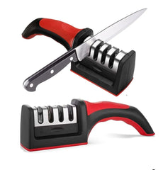 4 in 1 knife sharpener with ergonomic handle in black and red trim