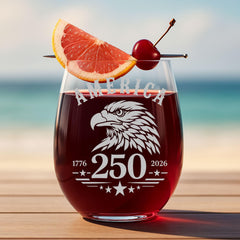 Close up of America 250 eagle emblem on Kropsis wine glass