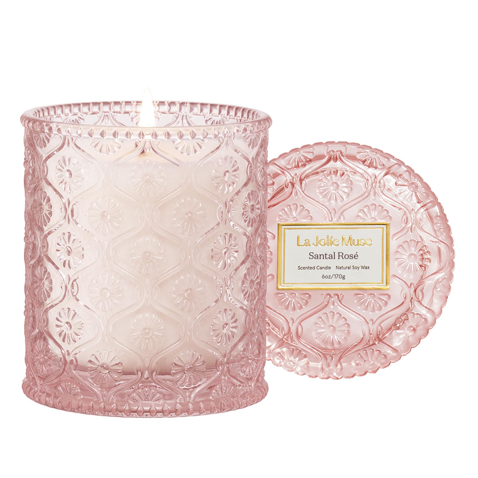 LA JOLIE MUSE Santal Rose Scented Candle embossed glass jar