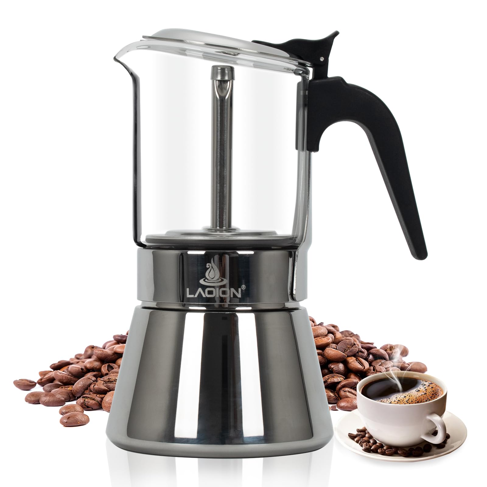 LAOION stovetop espresso maker 6Cup 240ml borosilicate glass and stainless
