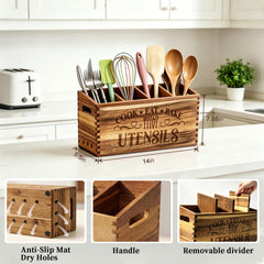 Acacia wood utensil holder showing removable divider