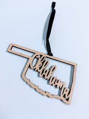 Laser cut wood Oklahoma Christmas Ornament 4.5l x 2.5h x 0.25 inch depth