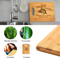 Laser engraved bamboo cutting board shark design