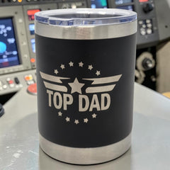 Laser engraved Top Dad insignia with wings and stars on tumbler
