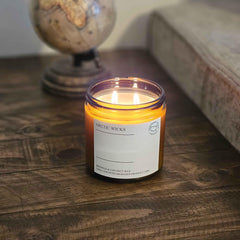 Lavender Driftwood Candle amber jar from Arctic Wicks label close up