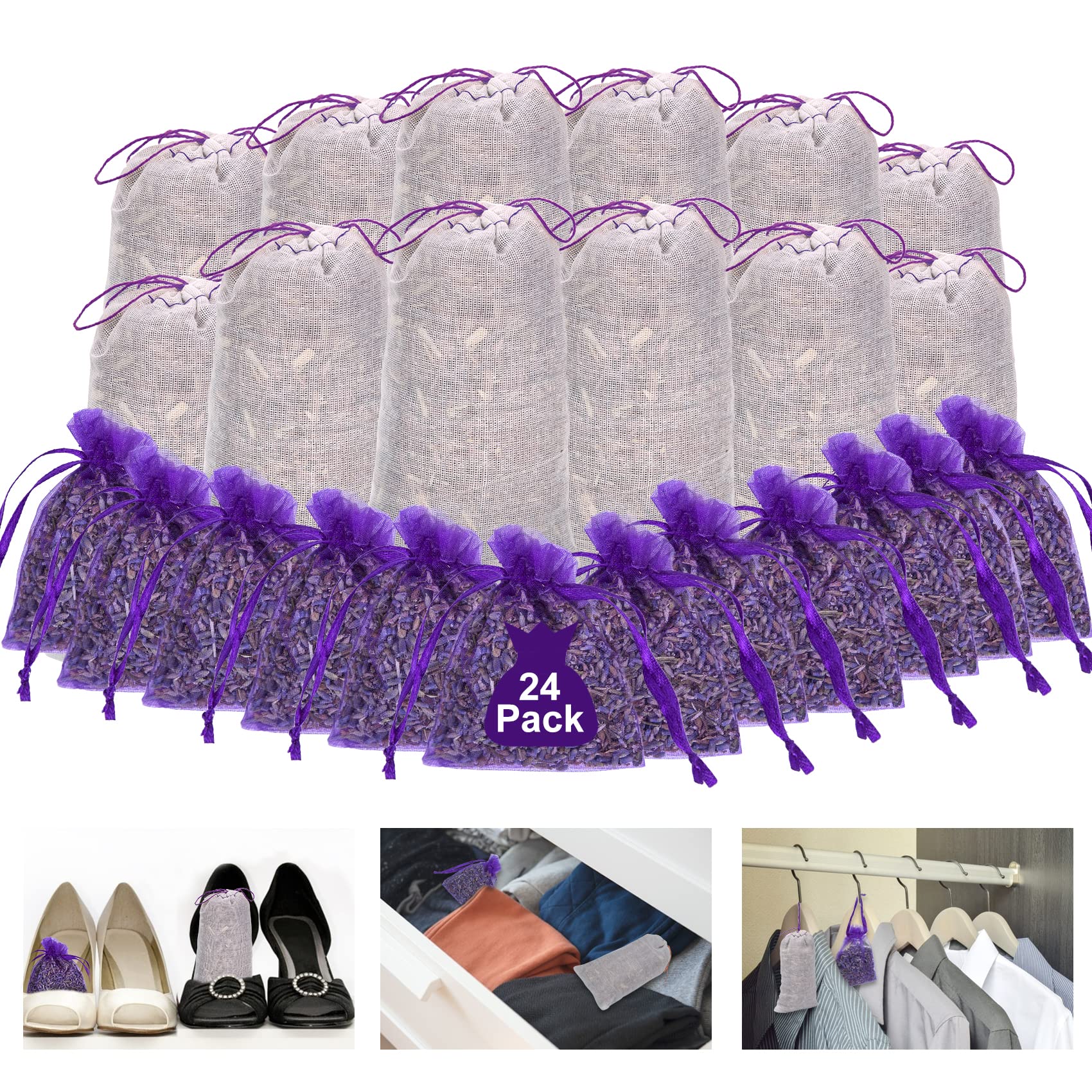 Lavender Sachets Bags 24 Pack for drawers and closets in cedar scent