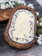 Lavender Sage scented candle in wooden bowl