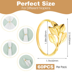 60 piece leaf napkin ring set gold color