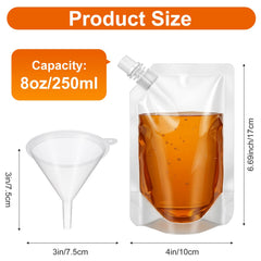 10 plastic funnels included with leak-proof pouches
