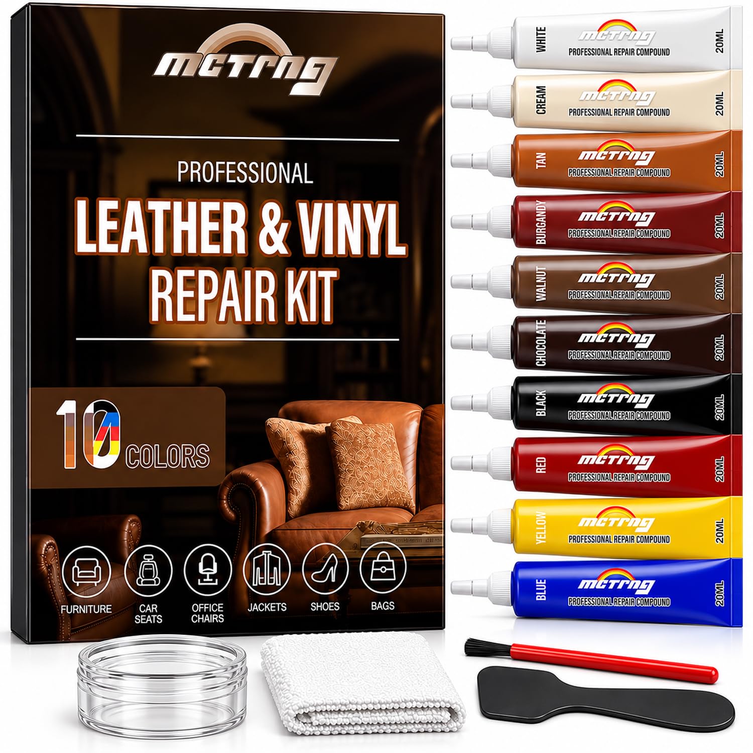 Leather and vinyl repair kit packaging showing 10 pigment colors