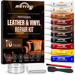 Leather and vinyl repair kit packaging showing 10 pigment colors