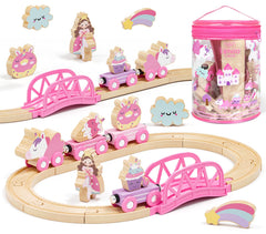 Lehoo Castle pink unicorn wooden train set with storage bag