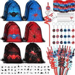 LemonRoad 73 Pcs Spider Party Favors Set contents including bags keychains bracelets straws stickers and tags