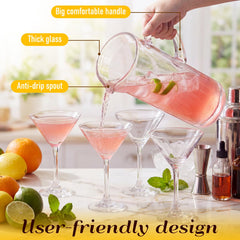 clear glass pitcher 68 oz with four martini glasses
