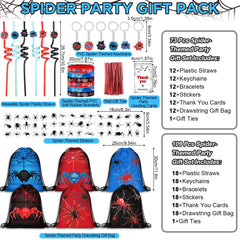 Red and white spider themed party favors kit with drawstring bags and bracelets