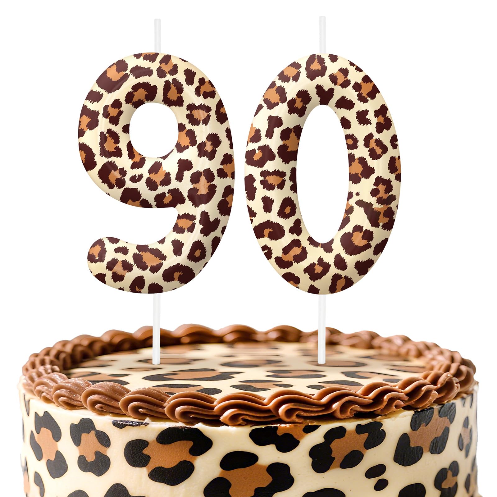 Leopard print number 90 birthday candles on cake
