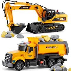 LerBao 2 Pack Construction Engineering Truck Toys excavator and dump truck set