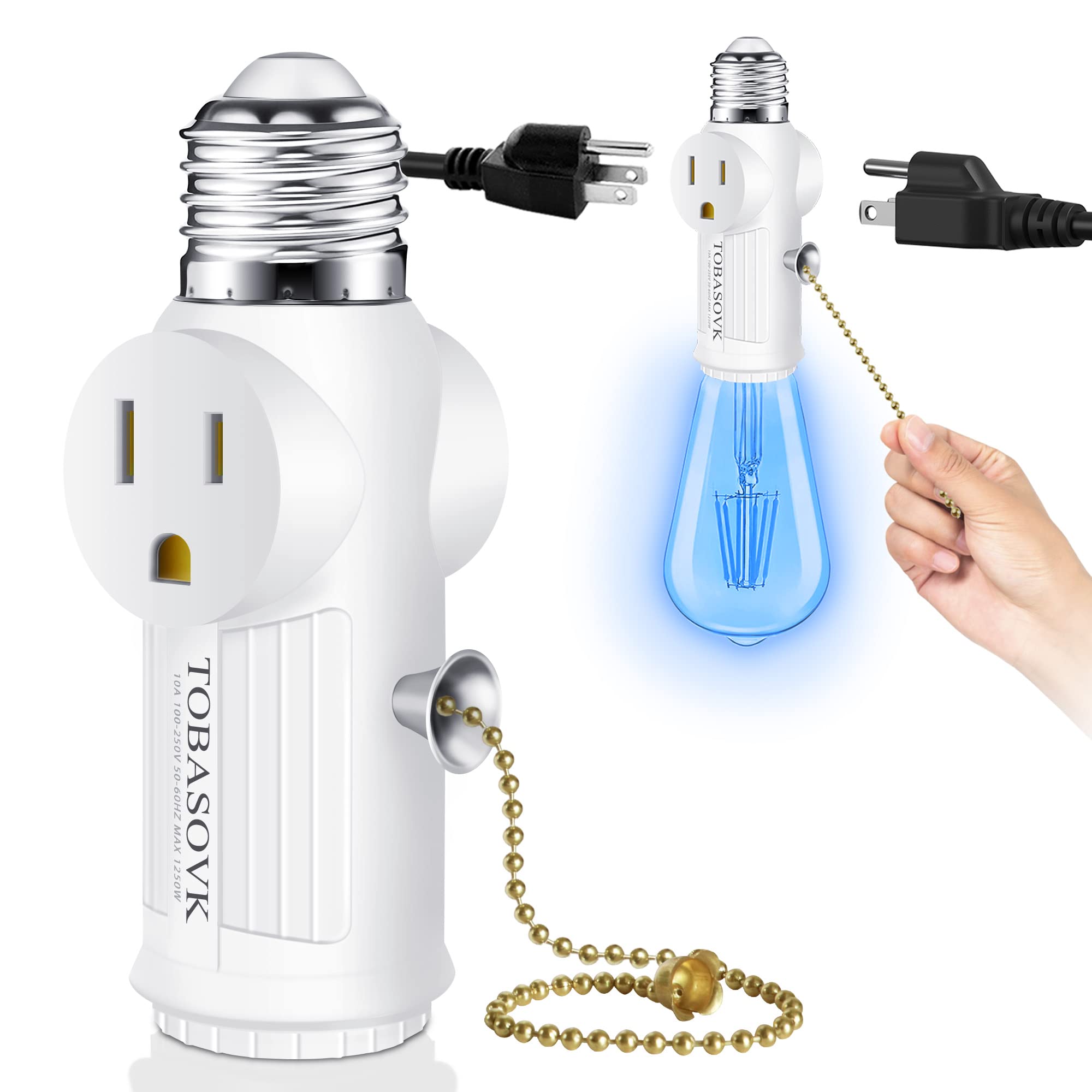 Light Socket Outlet Adapter with E26/E27 bulb socket and two 3-prong outlets