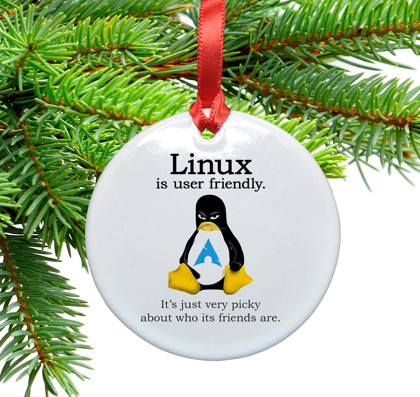 Linux is User Friendly Ceramic Christmas Tree Ornament 2.85 inch diameter white ceramic with red ribbon