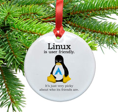 Linux is User Friendly Ceramic Christmas Tree Ornament 2.85 inch diameter white ceramic with red ribbon