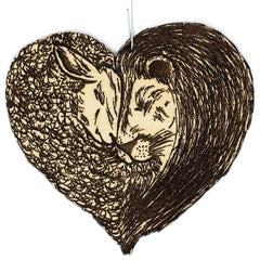 Lion and Lamb Heart Christmas Ornament made of birch wood