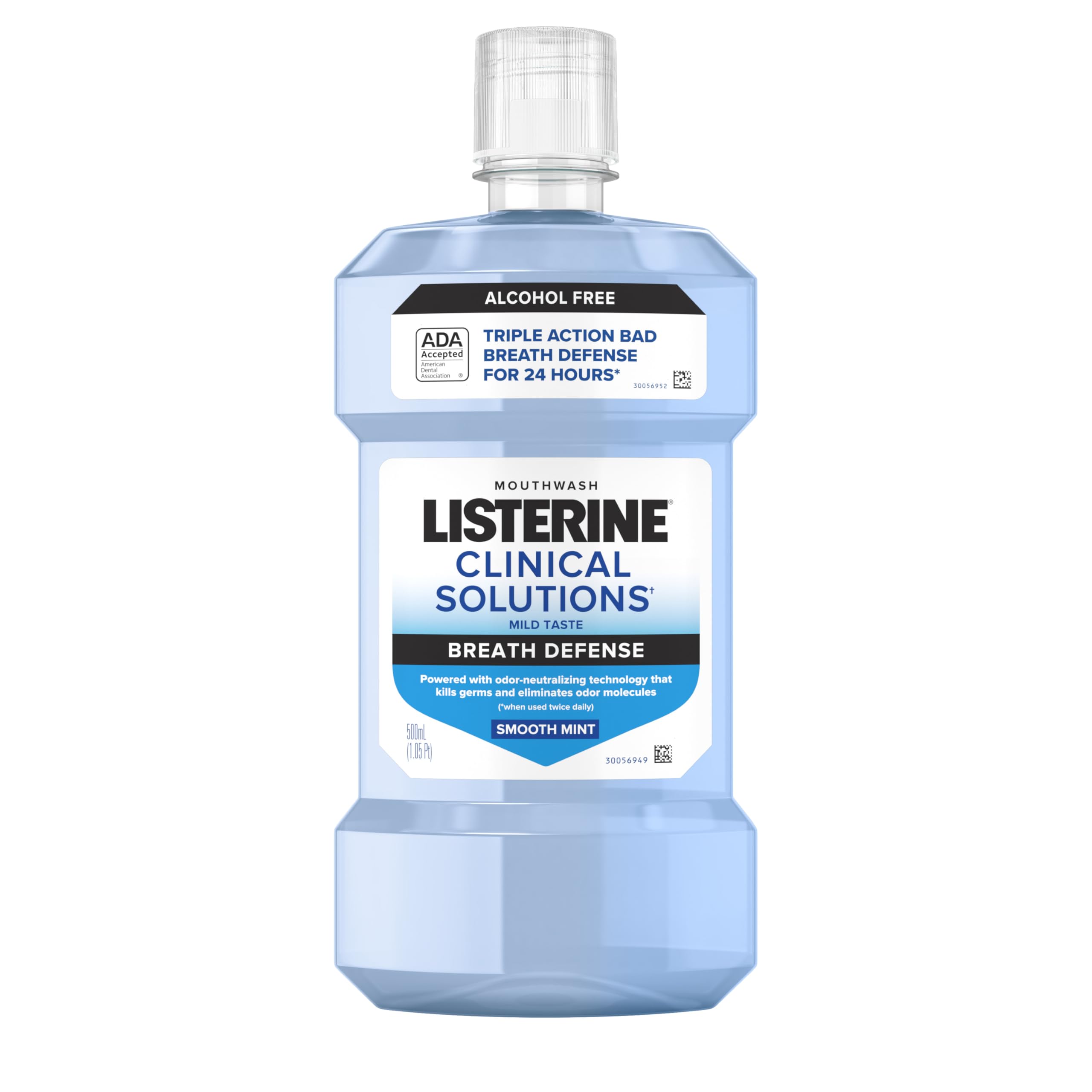 500 mL bottle of Listerine Clinical Solutions Breath Defense Zero Alcohol Mouthwash Smooth Mint