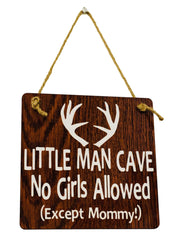 Little Man Cave No Girls Allowed Door Hanger antlers rustic brown wood decor for a boys room