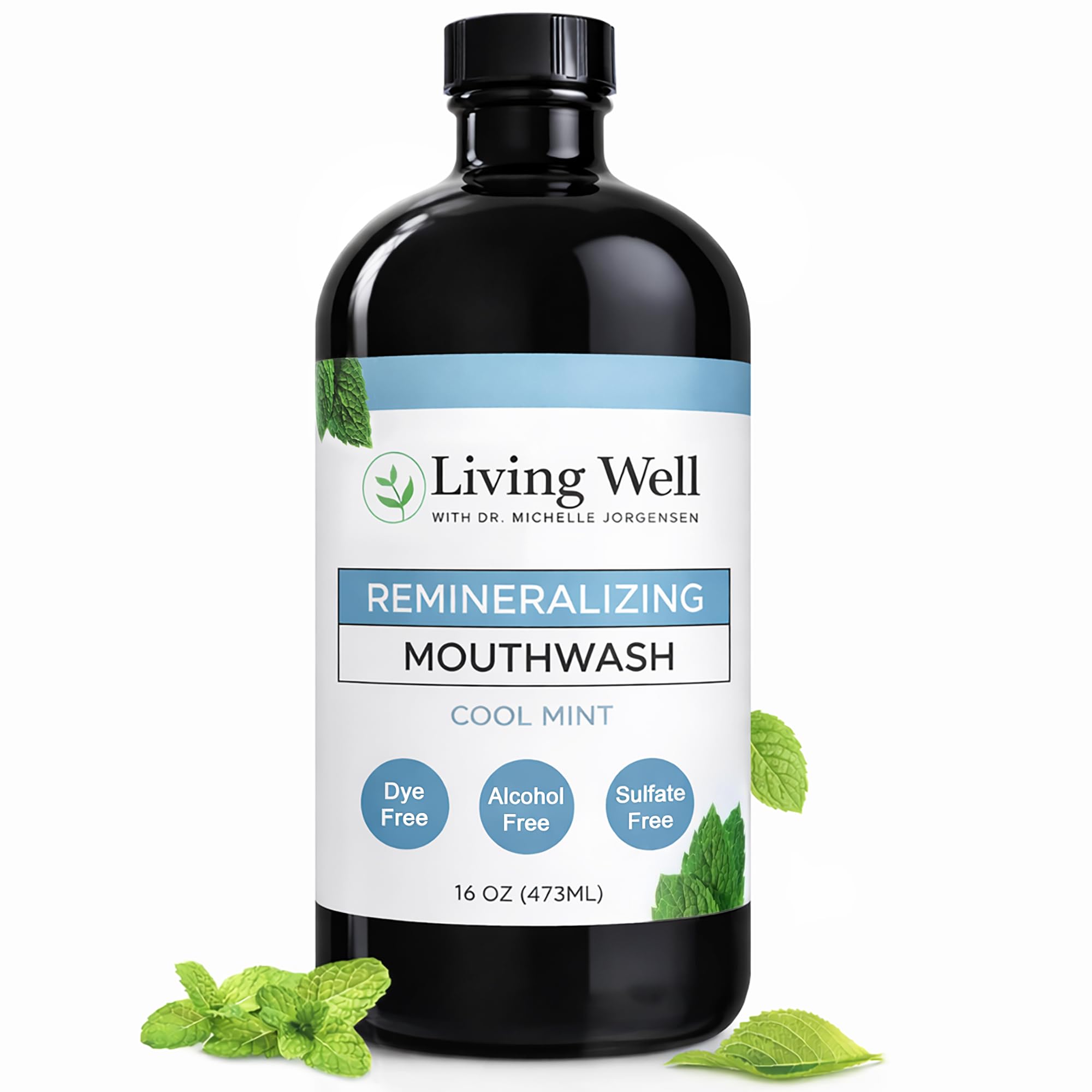 Living Well mouthwash bottle featuring Dr Michelle Remineralizing Cool Mint